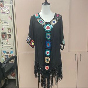 Fringed Crochet one size Granny Square Boho Festival Tunic Cover Up Beach Dress